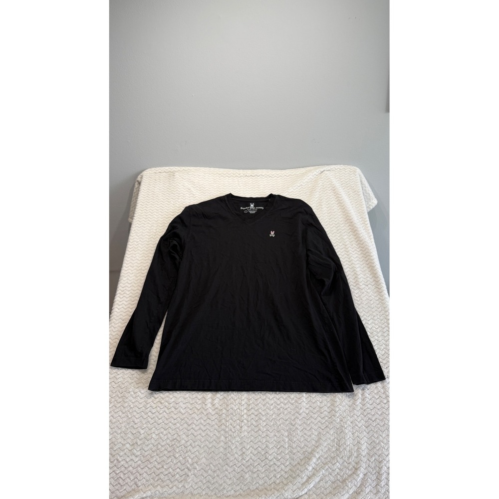Psycho Bunny Mens Black V-Neck Long Sleeve Pima Cotton Logo T-Shirt Size 7 XL